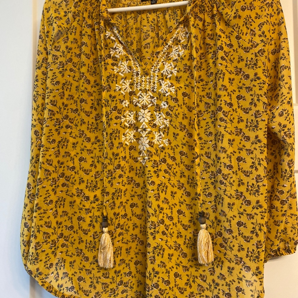Embroidered Tassel Peasant Top - Mustard Yellow